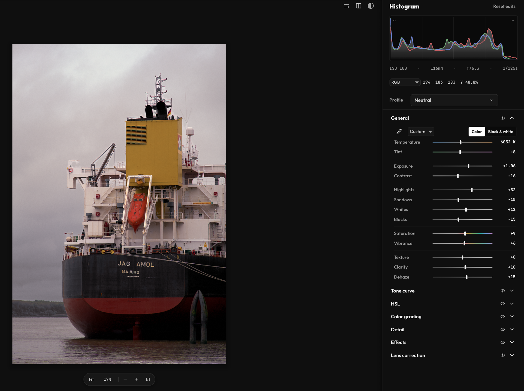 A focused view of Fractal's editor showing the ship photograph. On larger screens, the histogram and light adjustments appear beside it.